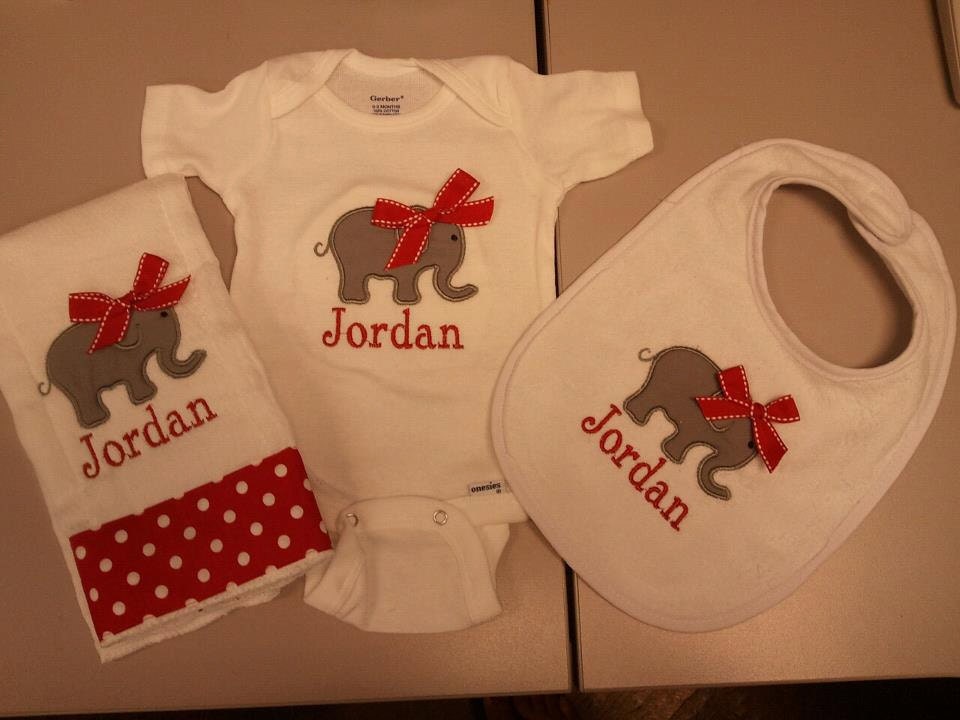 Custom Elephant Onesie, Bib, and Burp Cloth Set Personalized Monogrammed Embroidery Applique
