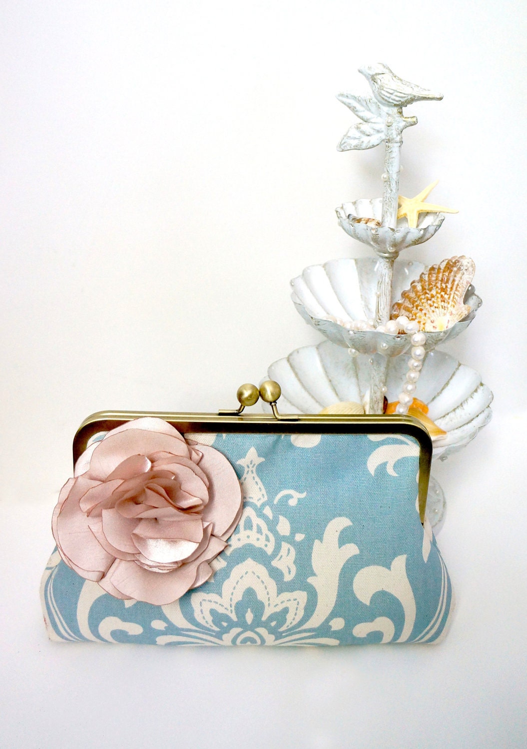 Something Blue Beach Wedding Bridal and Bridesmaid Clutch Purse- Blue Damask