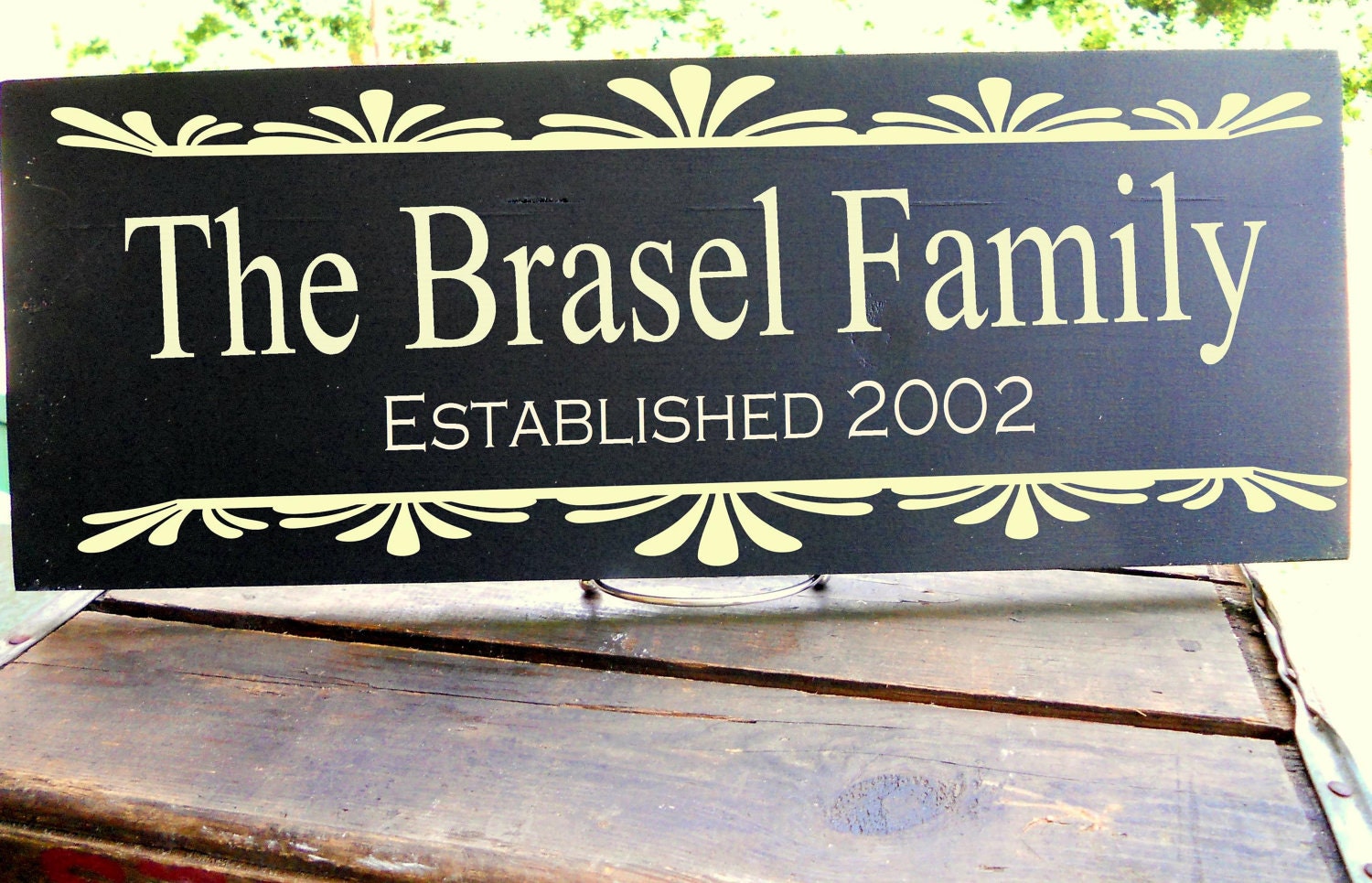 Family Last Name plus Est. Date Sign With Decorative Frame Detail Sign  7.5x19" In Your Choice of Colors, Perfect for A Wedding Gift