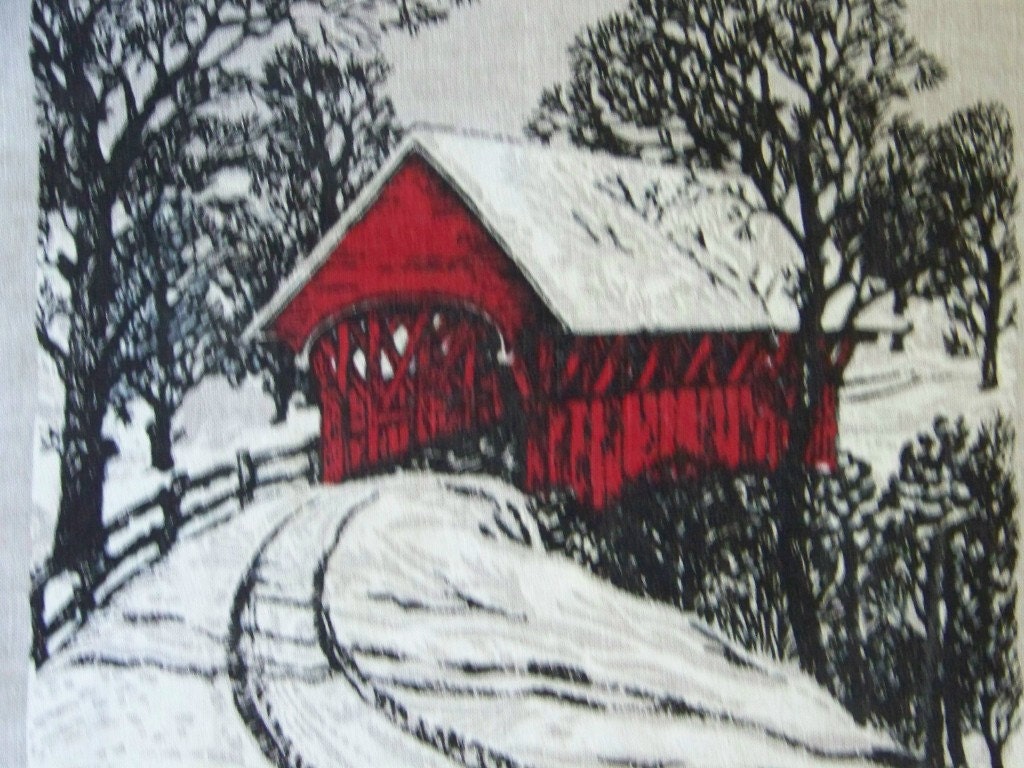 Vintage 1971 Calendar Tea Towel Dish Towel Red Covered Bridge Fab Country Winter Scene Country Cottage Farm House