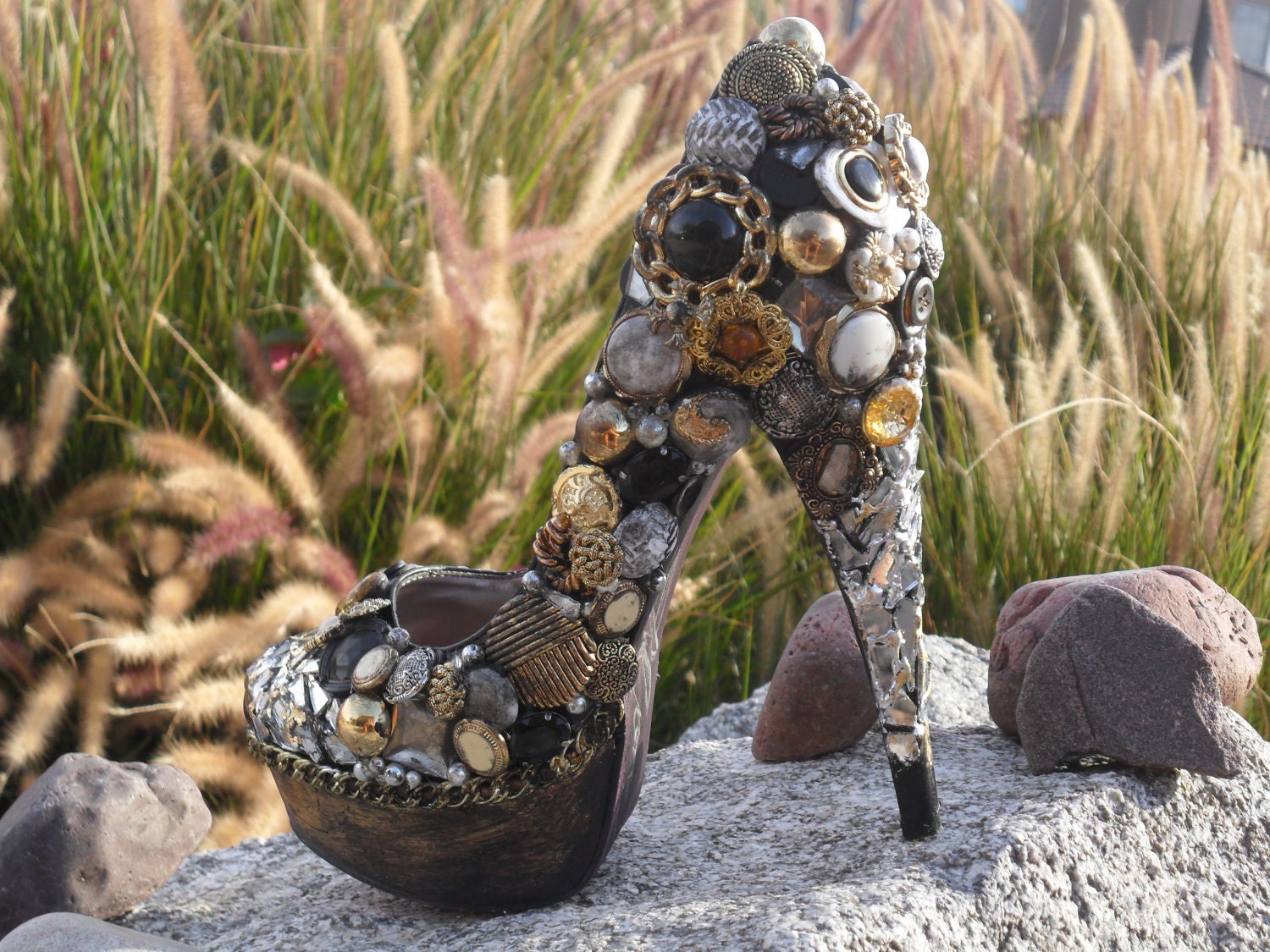 Gold, Black, Vintage Button, Mirror, Chain, (Custom Heels)