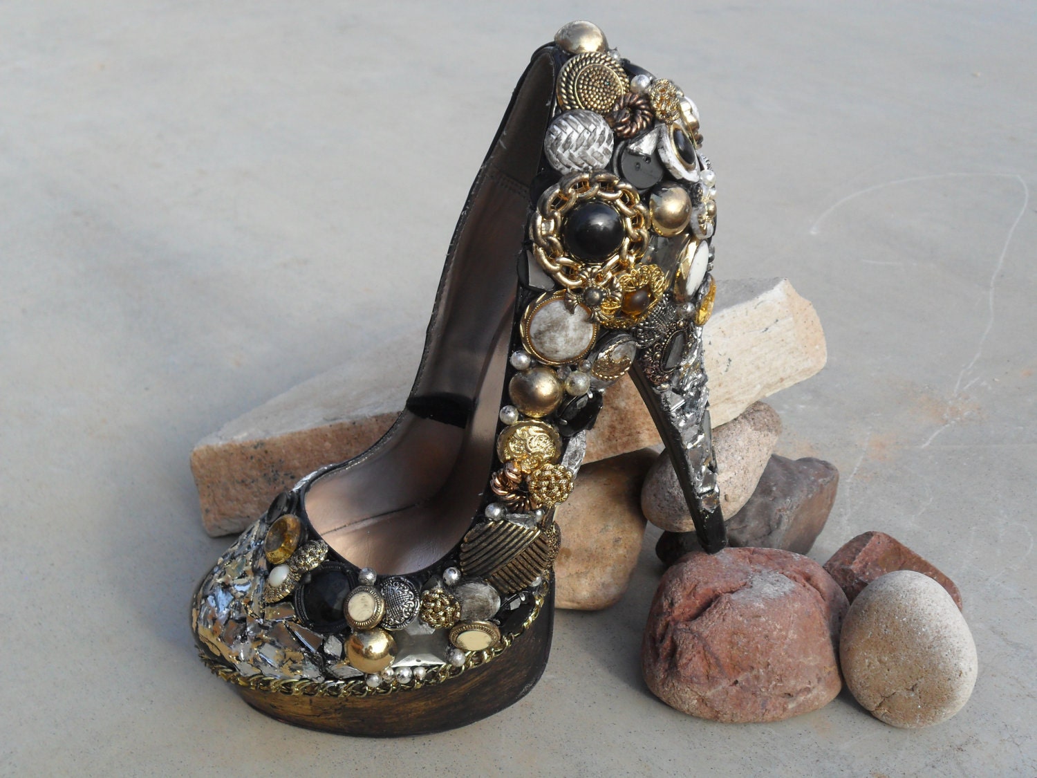 Gold, Black, Vintage Button, Mirror, Chain, (Custom Heels)