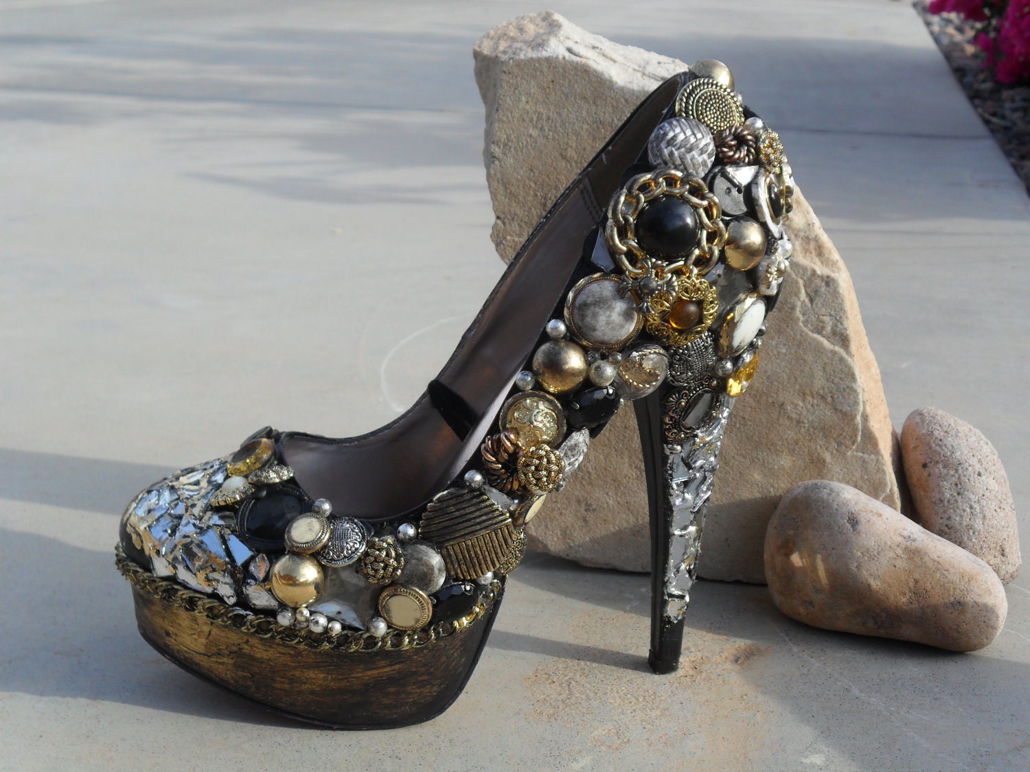Gold, Black, Vintage Button, Mirror, Chain, (Custom Heels)