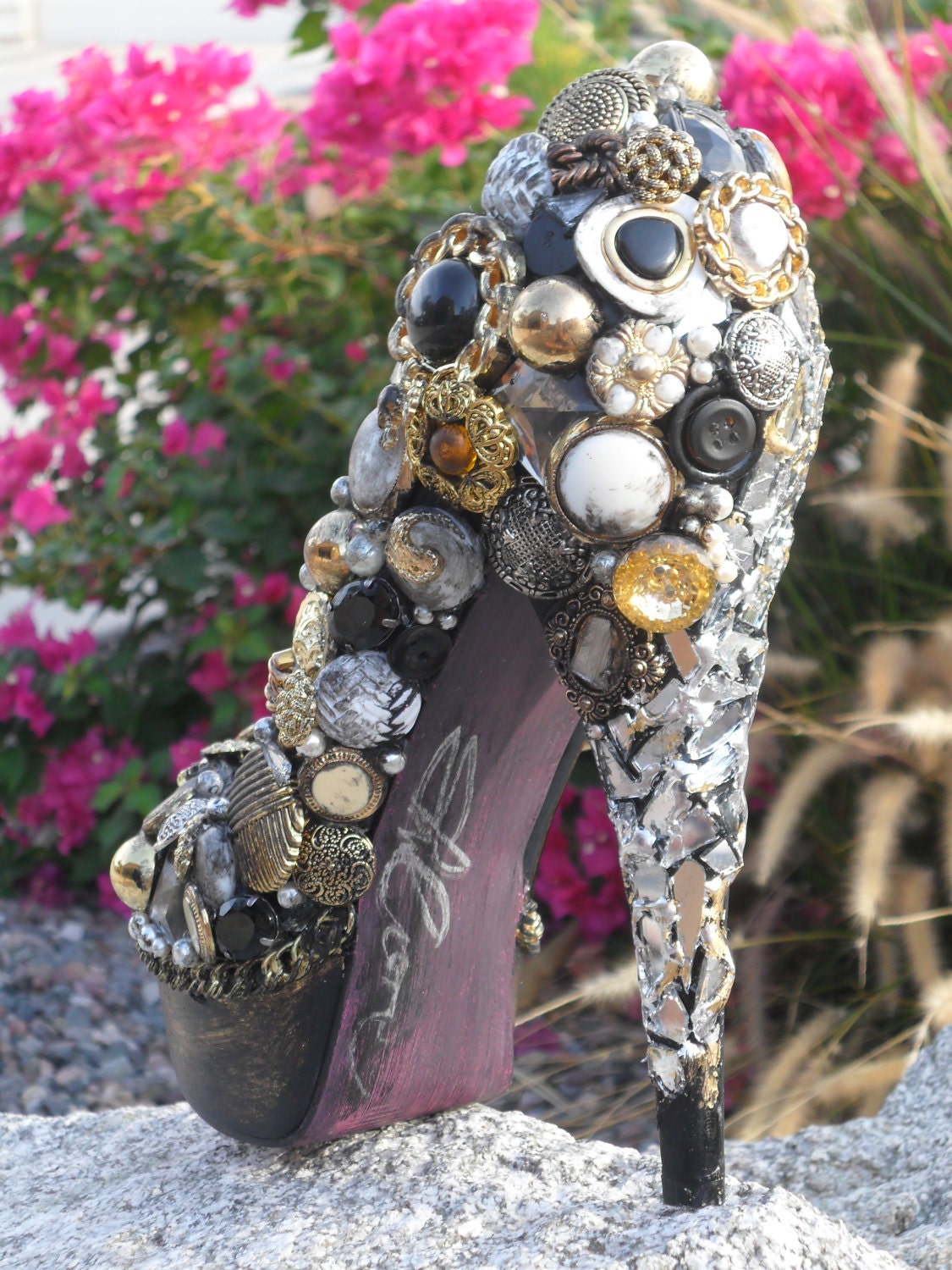 Gold, Black, Vintage Button, Mirror, Chain, (Custom Heels)