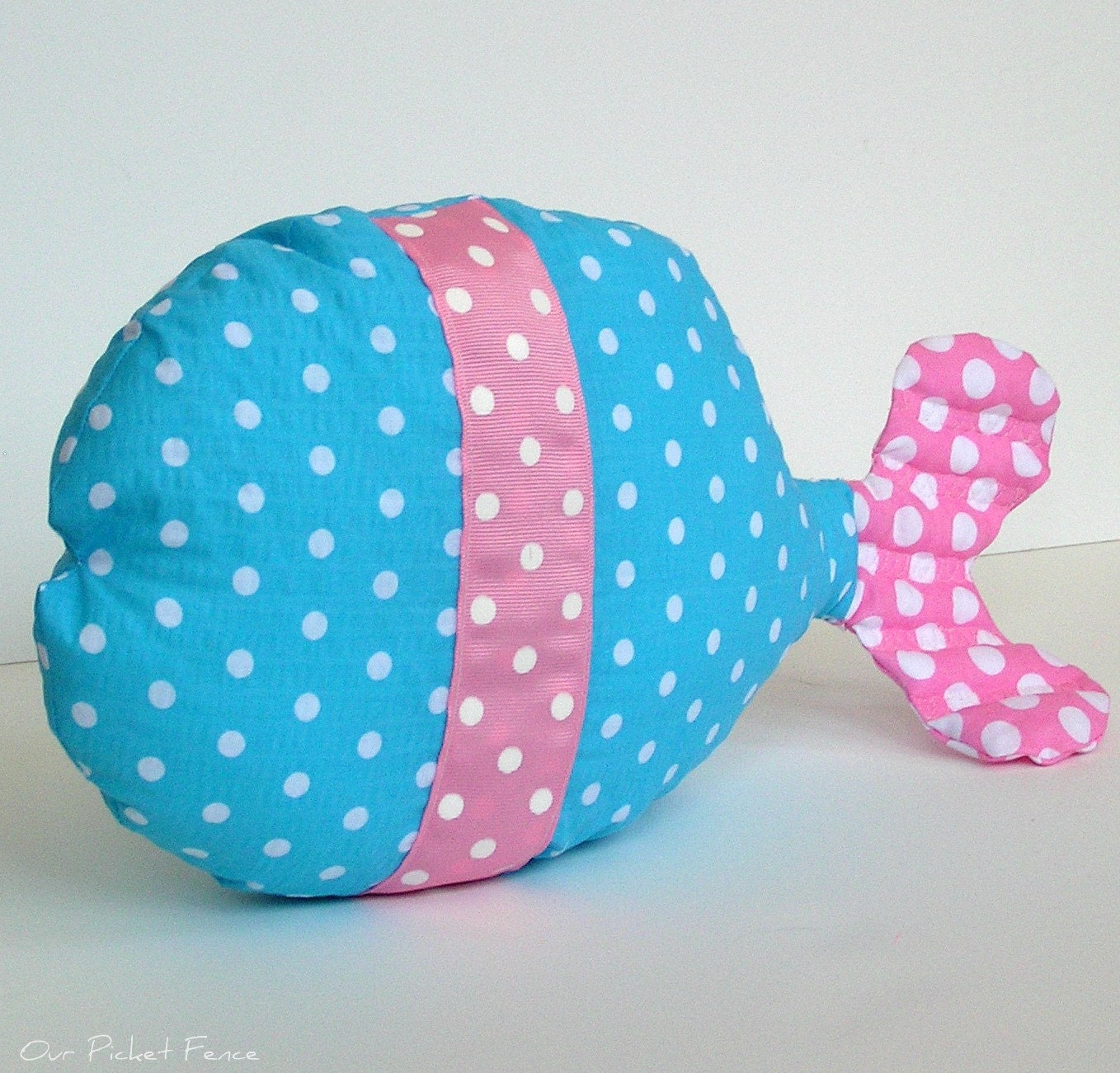 Fish Pillow in Aqua and Pink Polka Dots, baby room, girl's room decoration