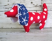 Stuffed Dachshund Toy Dog, Patriotic Nautical Red, White and Blue polka dots
