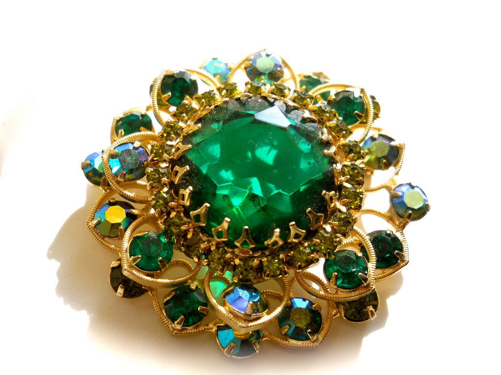 Vintage  Emerald Rhinestone and Blue AB Pin or Brooch