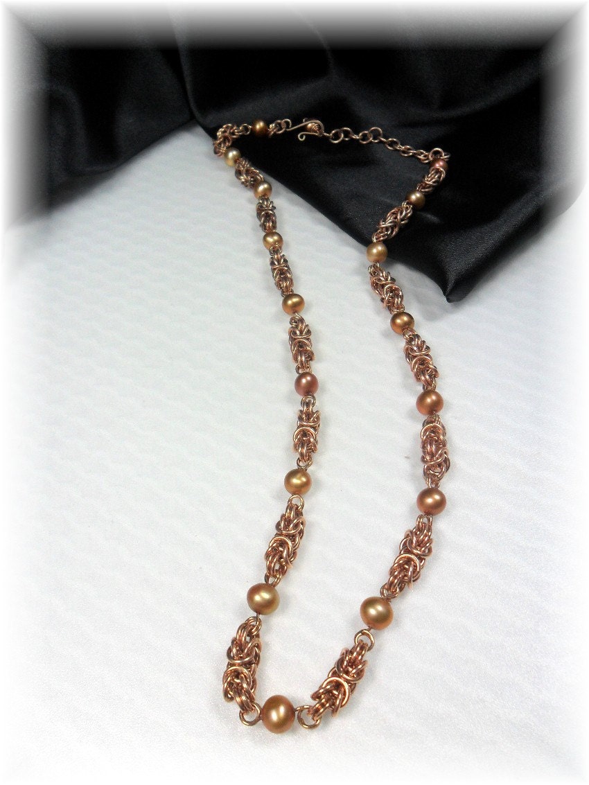 Chainmaille Necklace-Bronze Wire-Freshwater Pearls by ChicArtistique-on Etsy