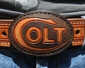 Hand carved Colt firearms gun logo brown leather belt buckle