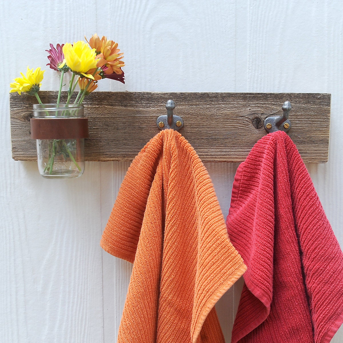 TRIO mason jar and hook coat rack, vase, organizer for your kitchen, bathroom, entry