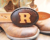 BENEFITS CHARITY Custom brown and tan letter hand carved leather belt buckle benefits Cri du Chat charity, brown and tan - GettingWeddy