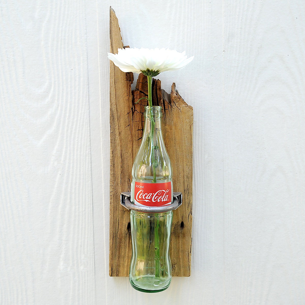 BOTTLE SCONCE OOAK Coke bottle vase, sconce set on reclaimed rustic weathered fence picket for your fresh spring flowers