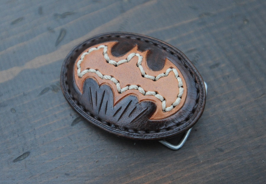 Brown leather and hemp Batman logo belt buckle, hand-tooled