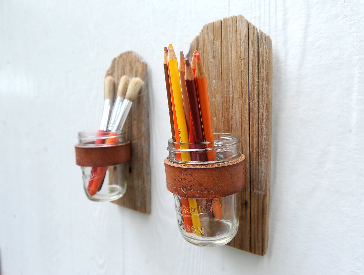 Dog Eared Branded rustic jar sconce made from weathered and reclaimed wood fence picket, leather and mason jar