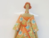 Pretty angel fabric doll,cloth doll with a blue bird, art doll in orange multicolor bird print pantsuit, Summer angel - gift for girls