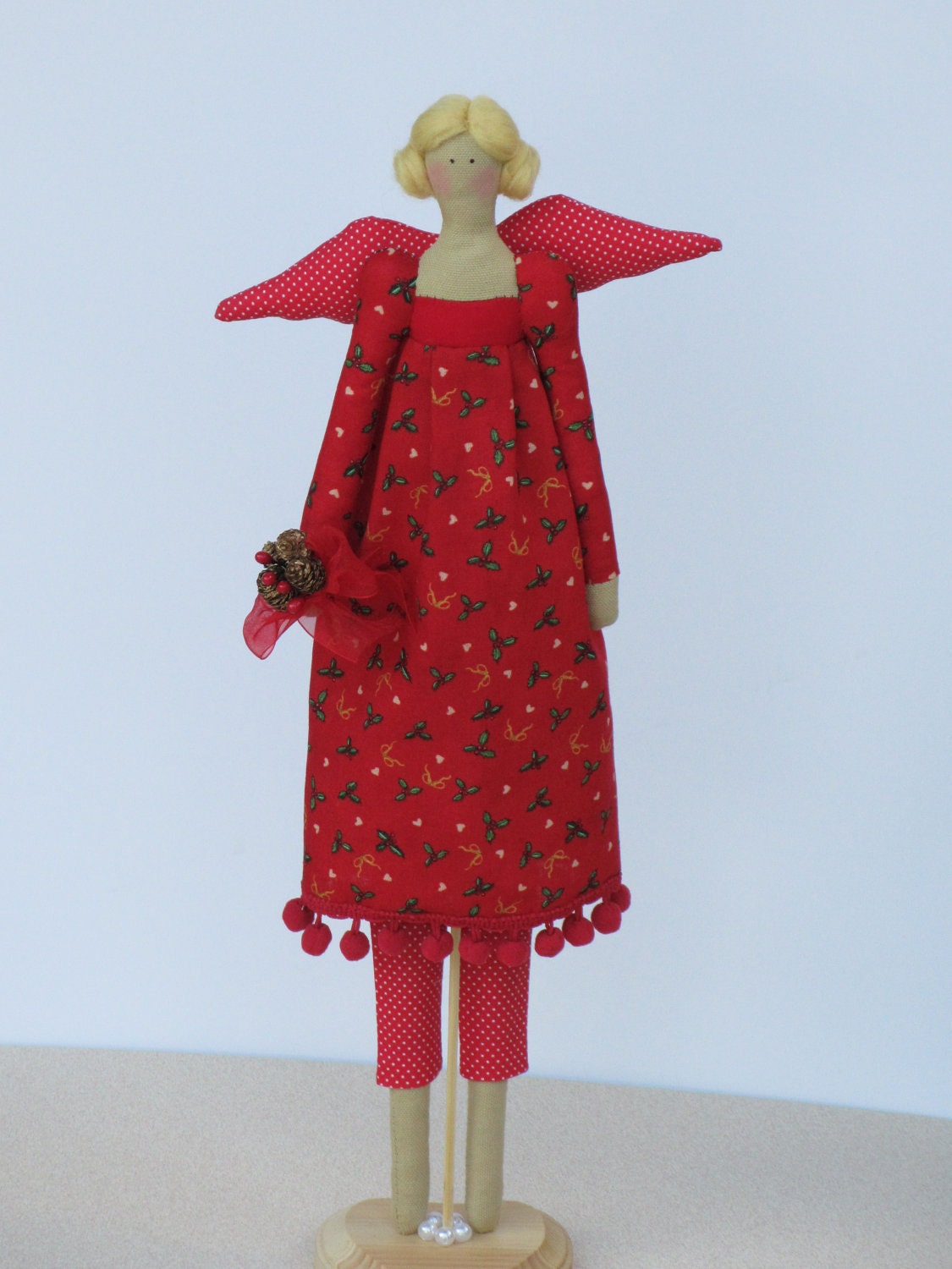 Christmas angel fabric doll in Tilda style in lovely red holidays dress- gift and decor for Christmas holydays