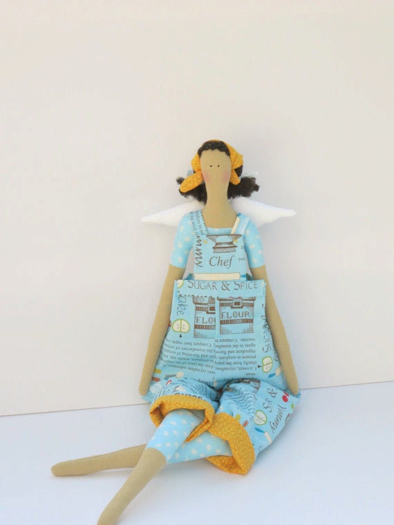Fabric angel doll,cute cloth doll-Tilda style stuffed doll - Sweet,Sugar and Spice angel, chef angel brunette - gift for girls