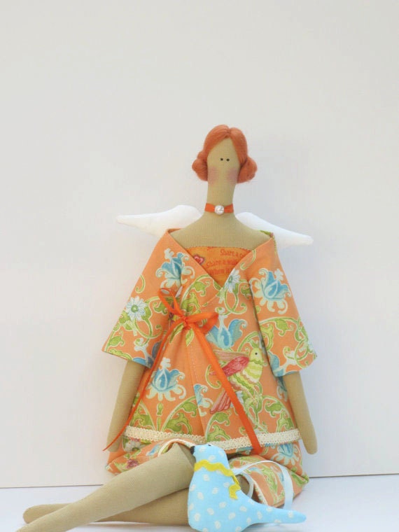 Fabric doll pretty Angel doll- cloth doll with a blue bird, art doll in orange multicolor bird print pantsuit, Autumn Angel - gift for girls