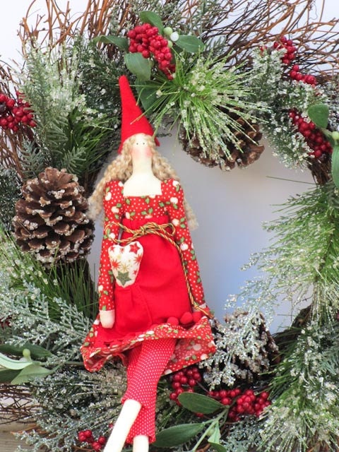 Christmas elf girl - fabric doll in red dress art doll, stuffed doll child friendly doll softie - Christmas gift and decor