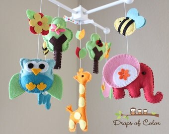 Baby Crib Mobile - Baby Mobile - Nursery Owl Mobile - Elephant Mobile "Baby Animals in the Night" (You can pick your colors)