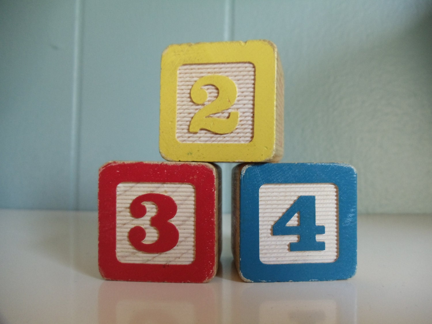Vintage 1986 Set of Three Wooden Numbers Blocks
