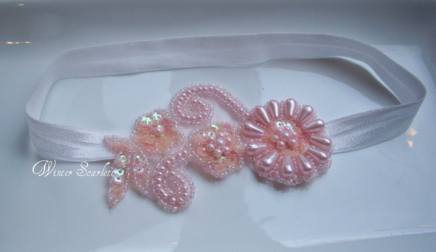 20% off entire order...Pink Pearl Sequin Beaded Headband...baby headbands, newborn headbands, infant, toddler, adult