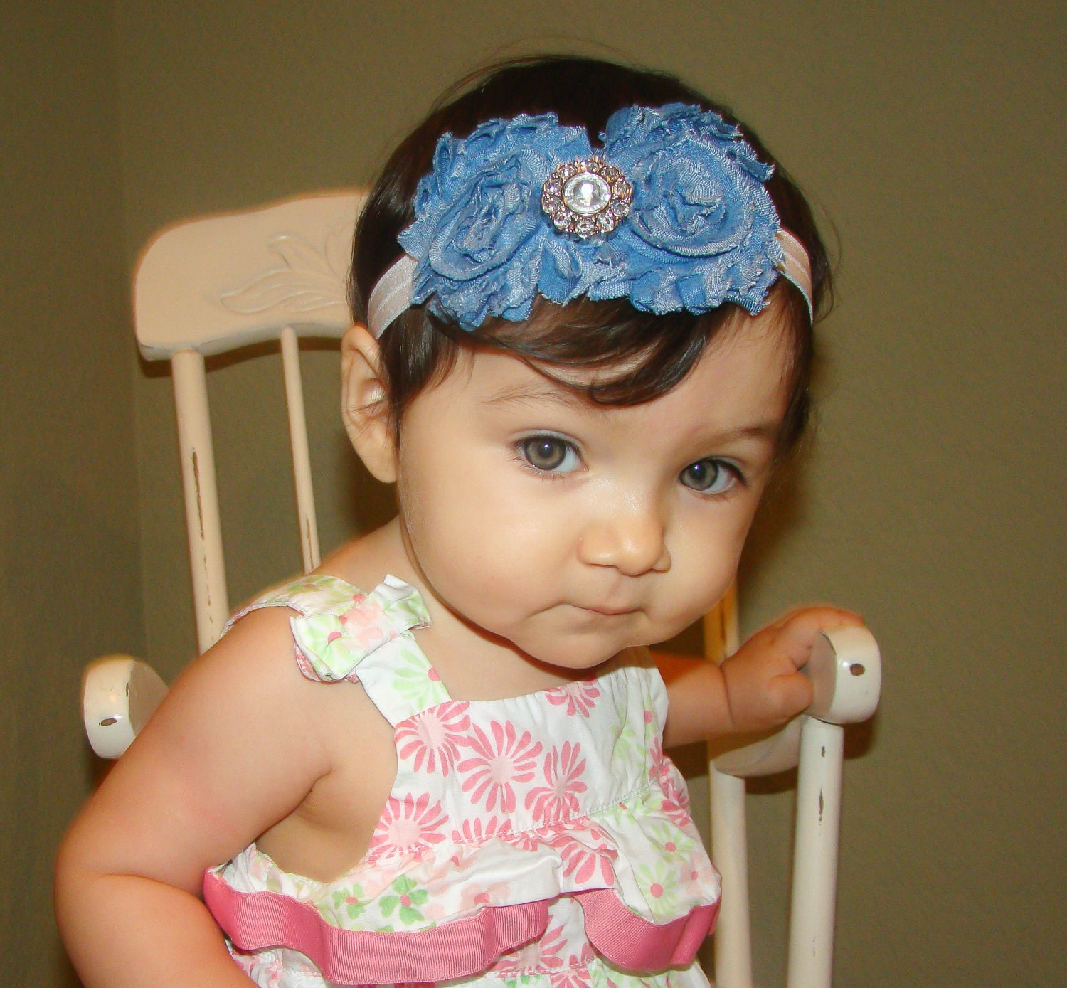 20% off entire order...Denim rosette rhinestone flower on white headband, baby headbands, newborn headbands, infant, toddler, adult