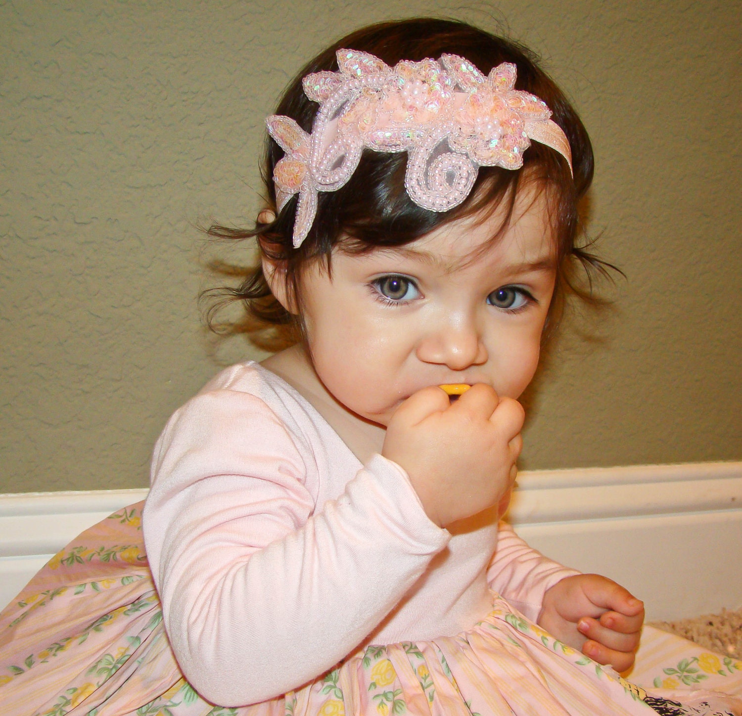 20% off entire order...Pink Pearl Sequin Beaded Headband...baby headbands, newborn headbands, infant, toddler, adult