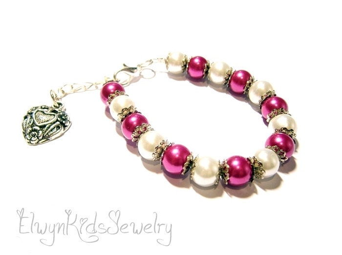 Heart Bracelet - Little Girl Bracelet - Pearls, Pink, White, Kids, Flower Girl