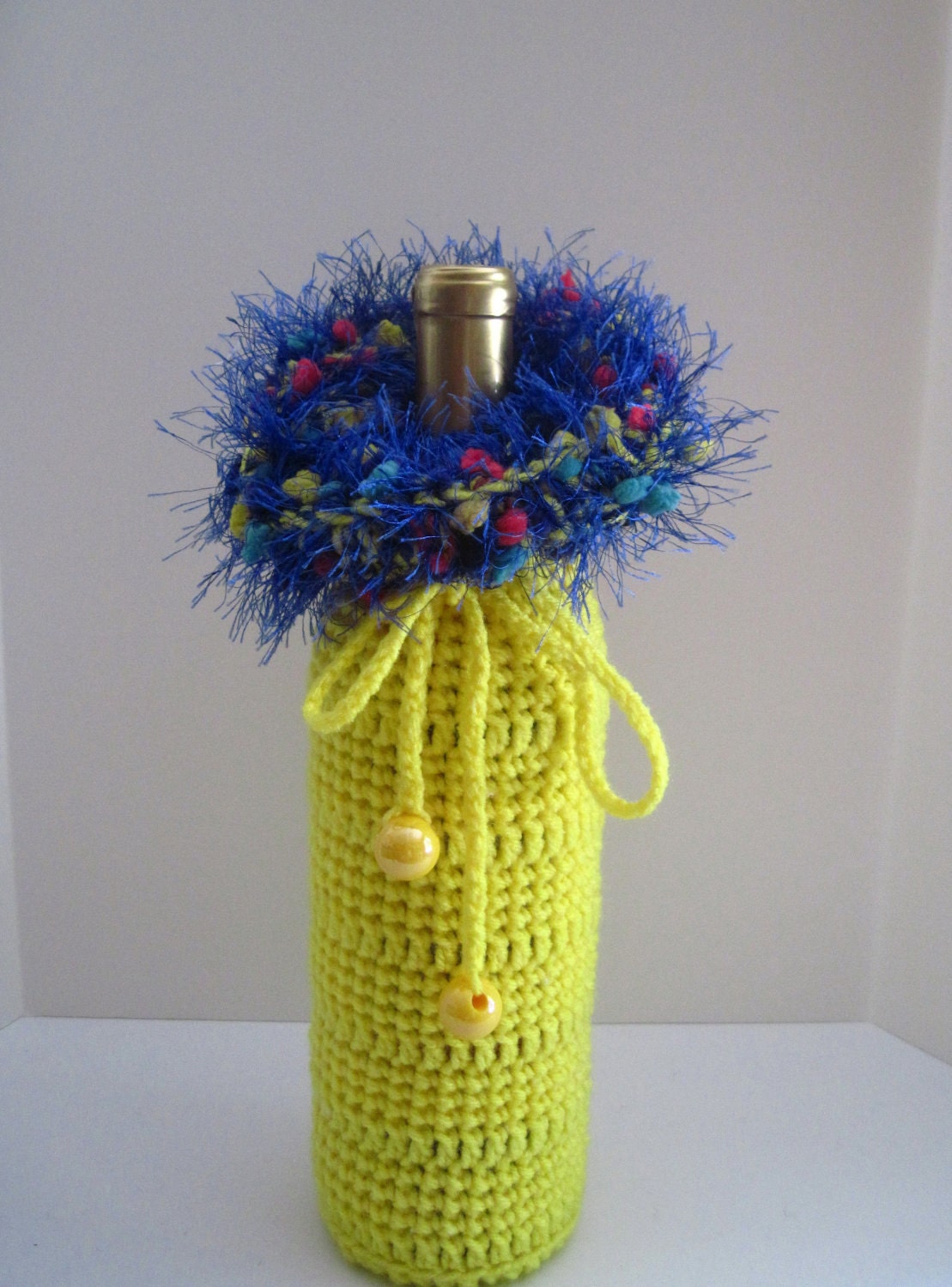Wine Bag - All Occasion Crochet Wine Bottle Covers Sacks Gift Bags Yellow with Purple Hot Pink and Aqua Fuzzy Trim and Yellow Beads