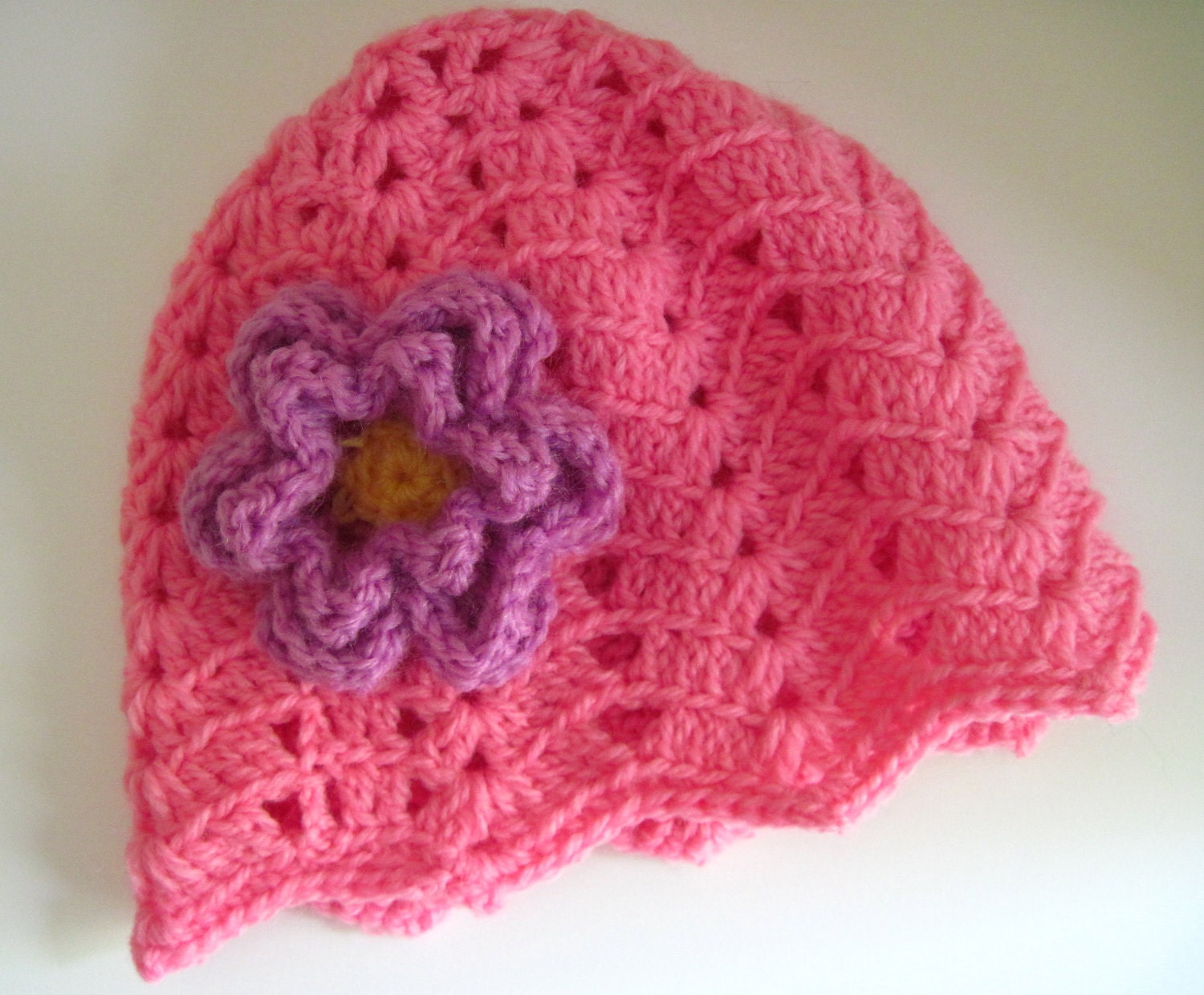 Infant Baby Crochet Hat - Pink with Purple Flower