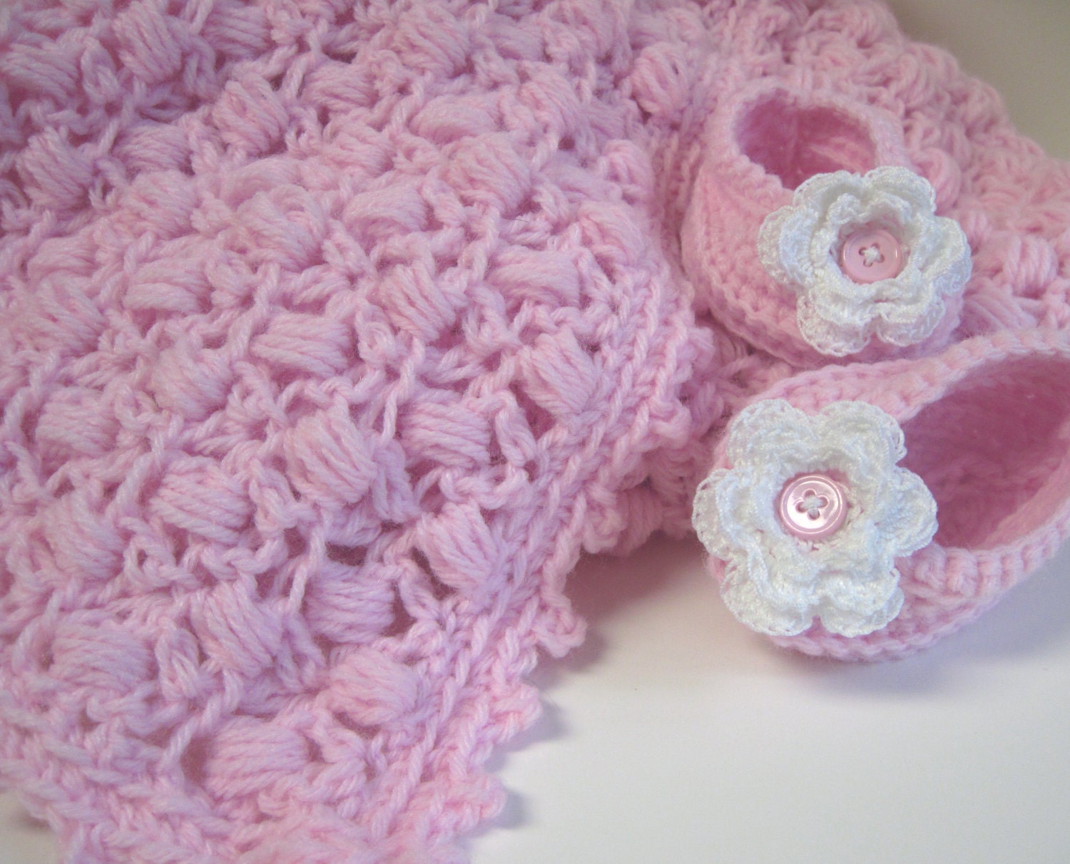 Crochet Baby Blanket Afghan and Booties - Pink