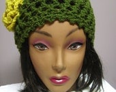 Womans Olive Green Crochet Hat with Mustard Yellow Flower Applique Stylish, Chic, Trendy and Lacy Cap Handmade Fashion Accessory