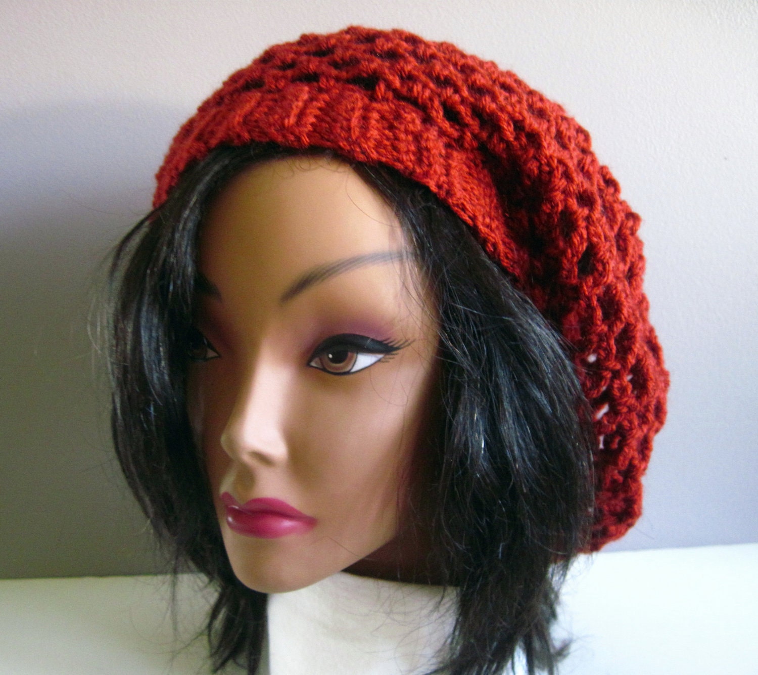 Crochet Slouchy Hat - Open Weave - Brick Red