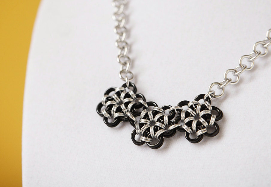 Chainmaille necklace black goth flower