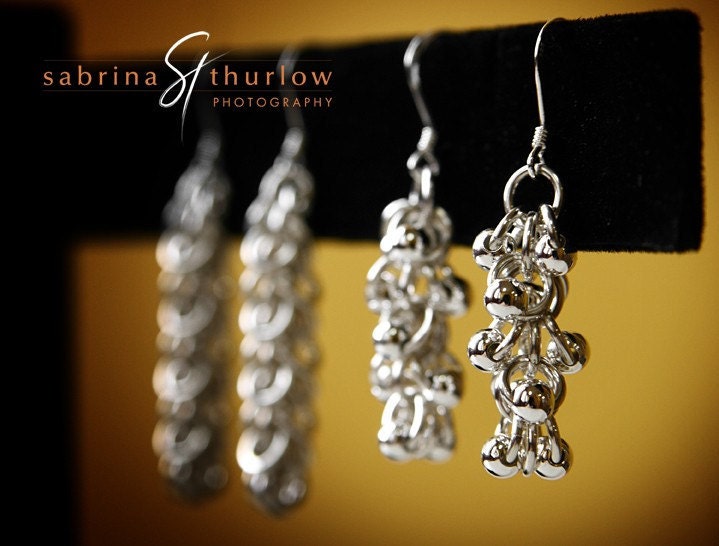 Chainmaille sterling silver earrings - beaded dangle earrings