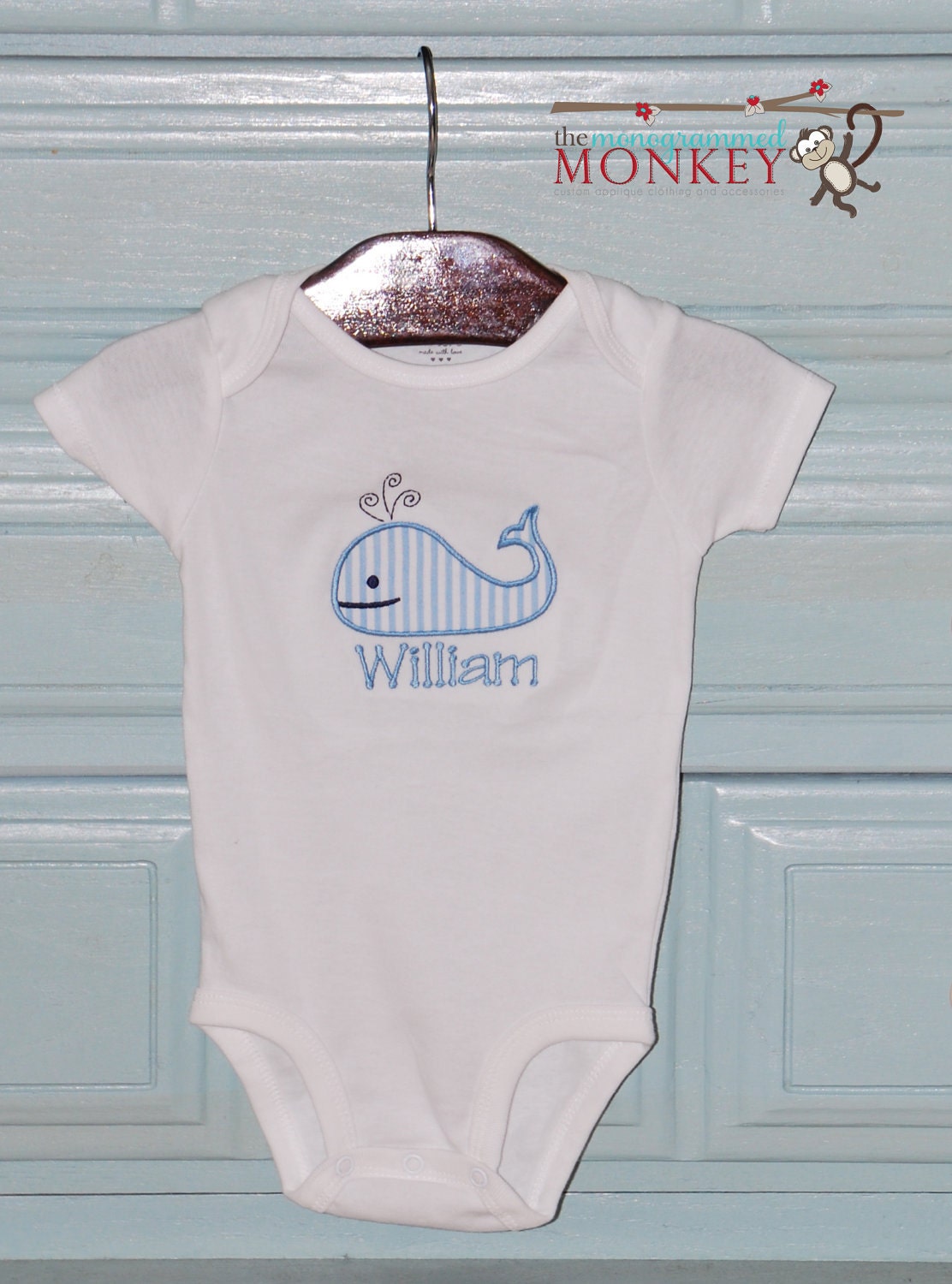 Custom boutique personalized monogrammed appliqued embroidered seersucker whale applique onesie t shirt tshirt tee boys girls short sleeves