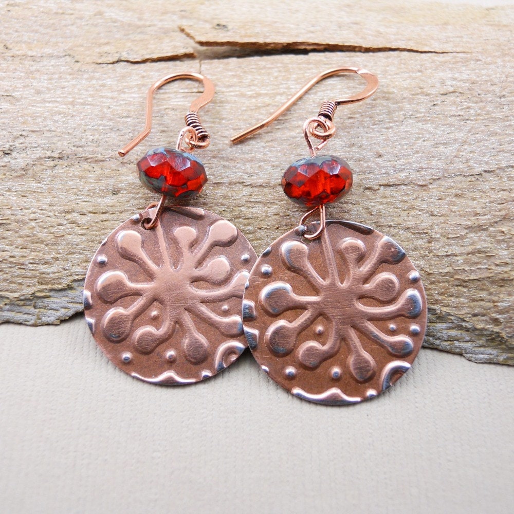 Embossed Copper, Red Faceted Glass Earrings by Bijou Booth