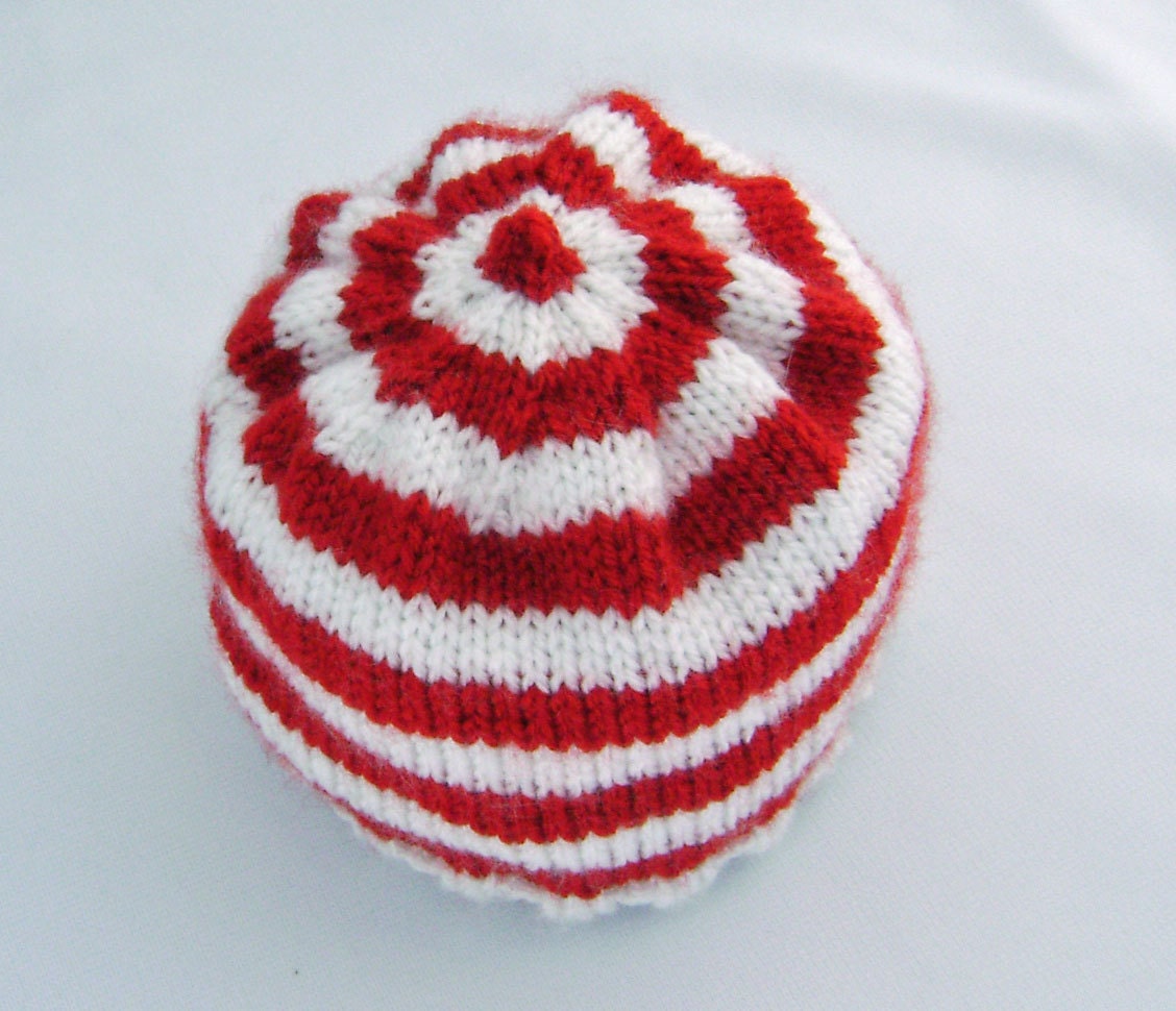 Red and White Striped Handknit Baby Hat size Newborn to 3 Months ready to ship