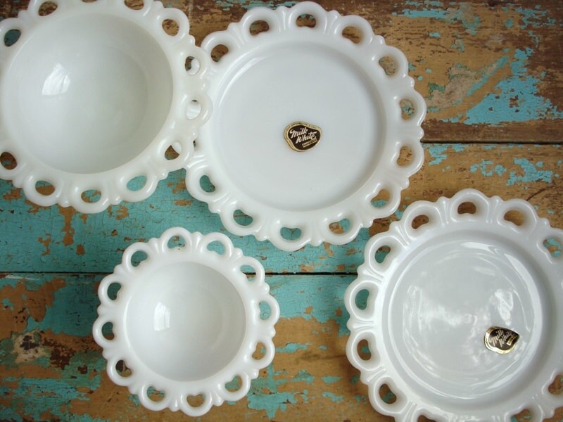 Vintage Lace Milk Glass Set Plates Compotes - Anchor Hocking Lace Edge Old Colony - Labeled NOS