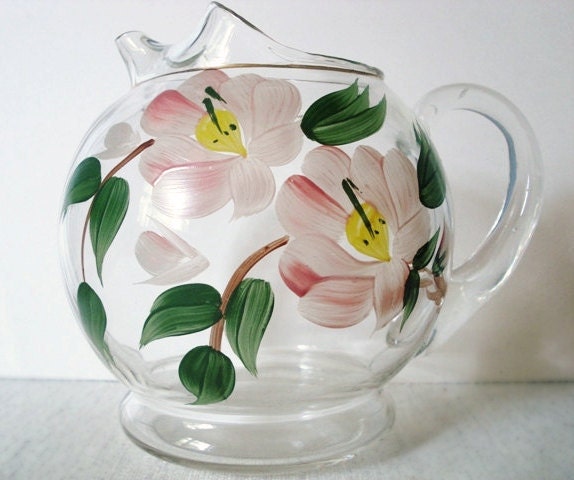 Vintage Round Glass Ball Pitcher - Hand Painted Floral Designs - 1940