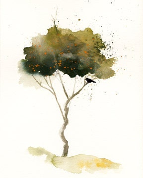 Blackbird Tree Watercolor Painting 8x10 Fine Art Print 'Flowering Bent Tree with Blackbird and Orange Blossoms' by Vickie Sue Cheek