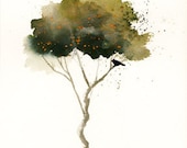 Watercolor Tree Painting 5x7 Art Print of 'Flowering Bent Tree with Blackbird and Orange Blossoms' Landscape by Vickie Sue Cheek