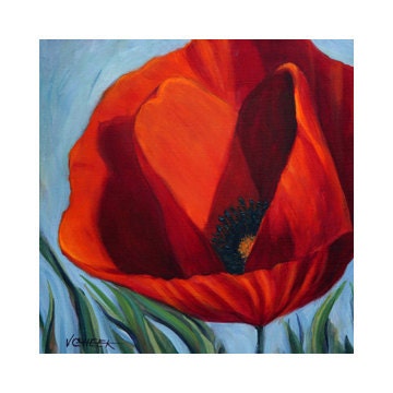 Red Poppy Original Acrylic Painting 12x12 by Vickie Sue Cheek, 1 1/2" Deep Gallery Wrapped Canvas with Sky Blue Background, Art
