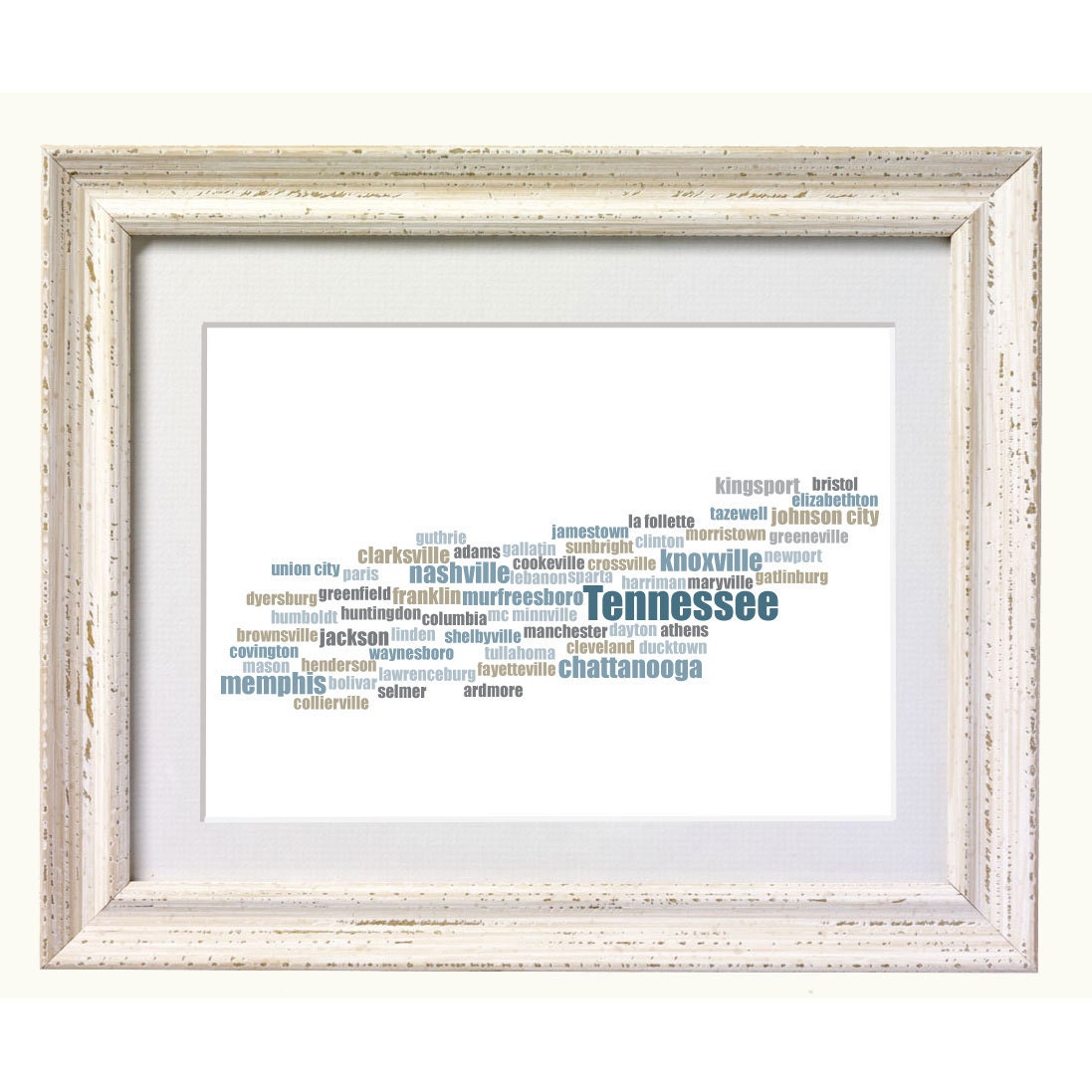 Tennessee City Map, Typography Art print. Perfect for 10"x8" frames.