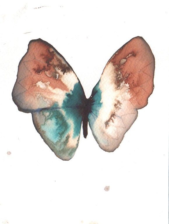 Pale brown, rust red butterfly with turquoise and white gold 8" x 6"