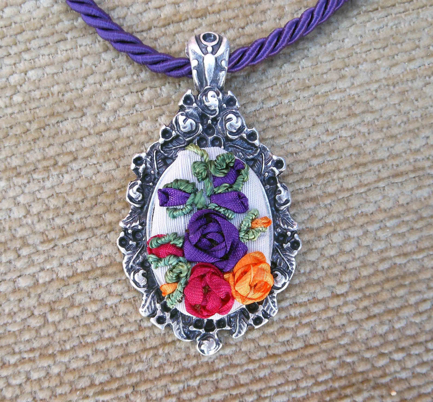 Ribbon Embroidered Pendant Necklace Free shipping