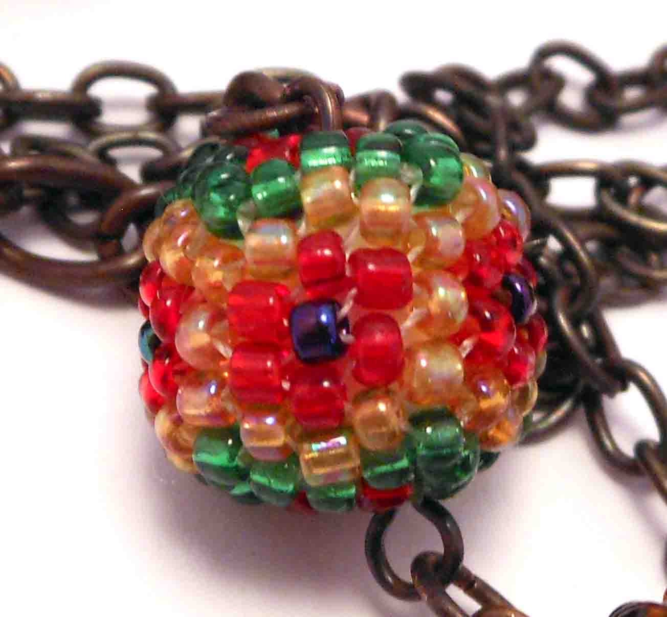 Beaded & Chain Necklace, Blue, Red, Green, Bead on Bead, Free shipping