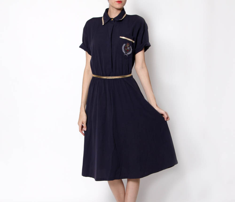 RESERVED - Vintage Preppy Navy and Gold Knee length collared Dress