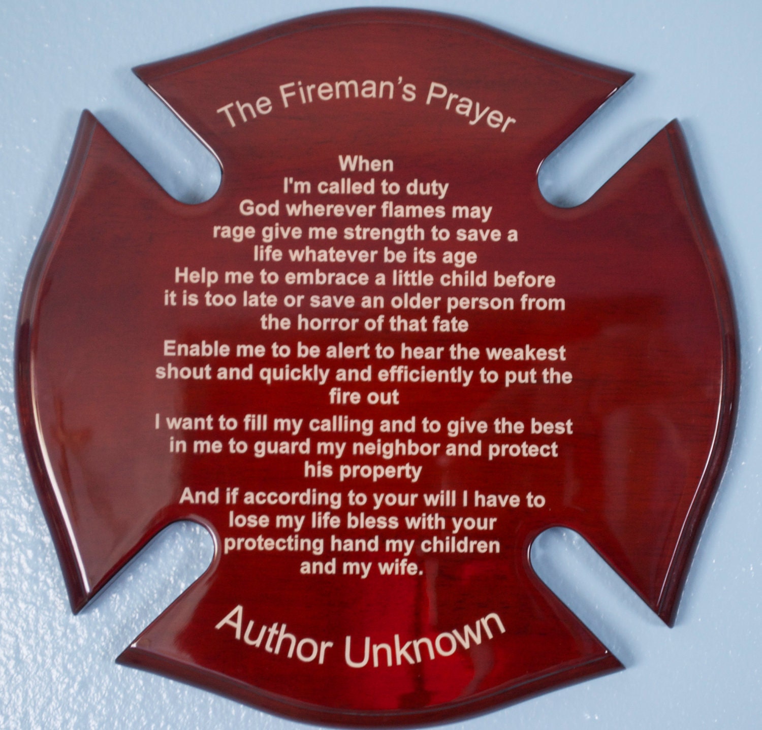 Fireman's  Prayer on Maltese Cross 12 inch by 12 inch with FREE SHIPPING in US